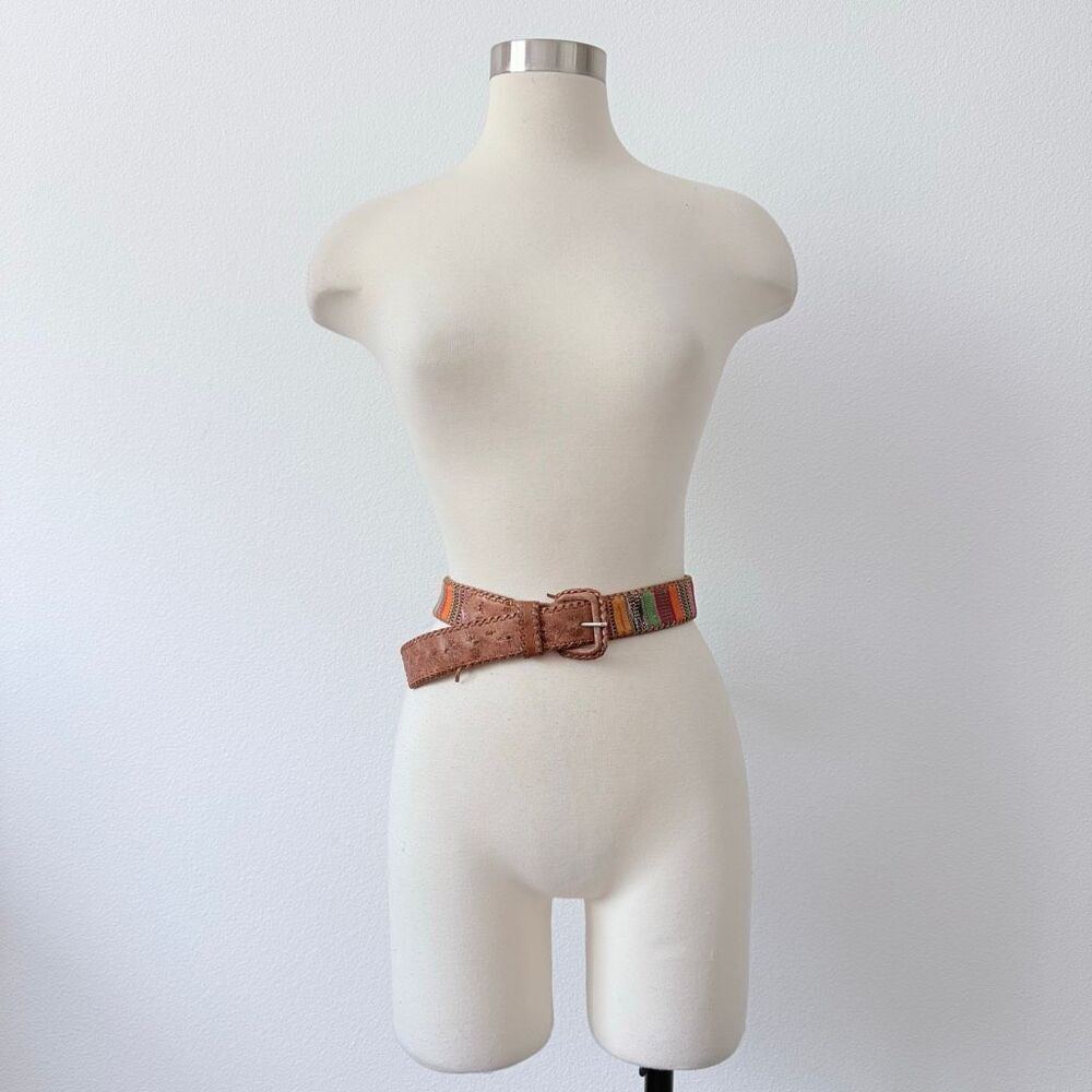 Vintage Whipstitch Brown Leather Stitched Belt Buckle Stripe Western XL